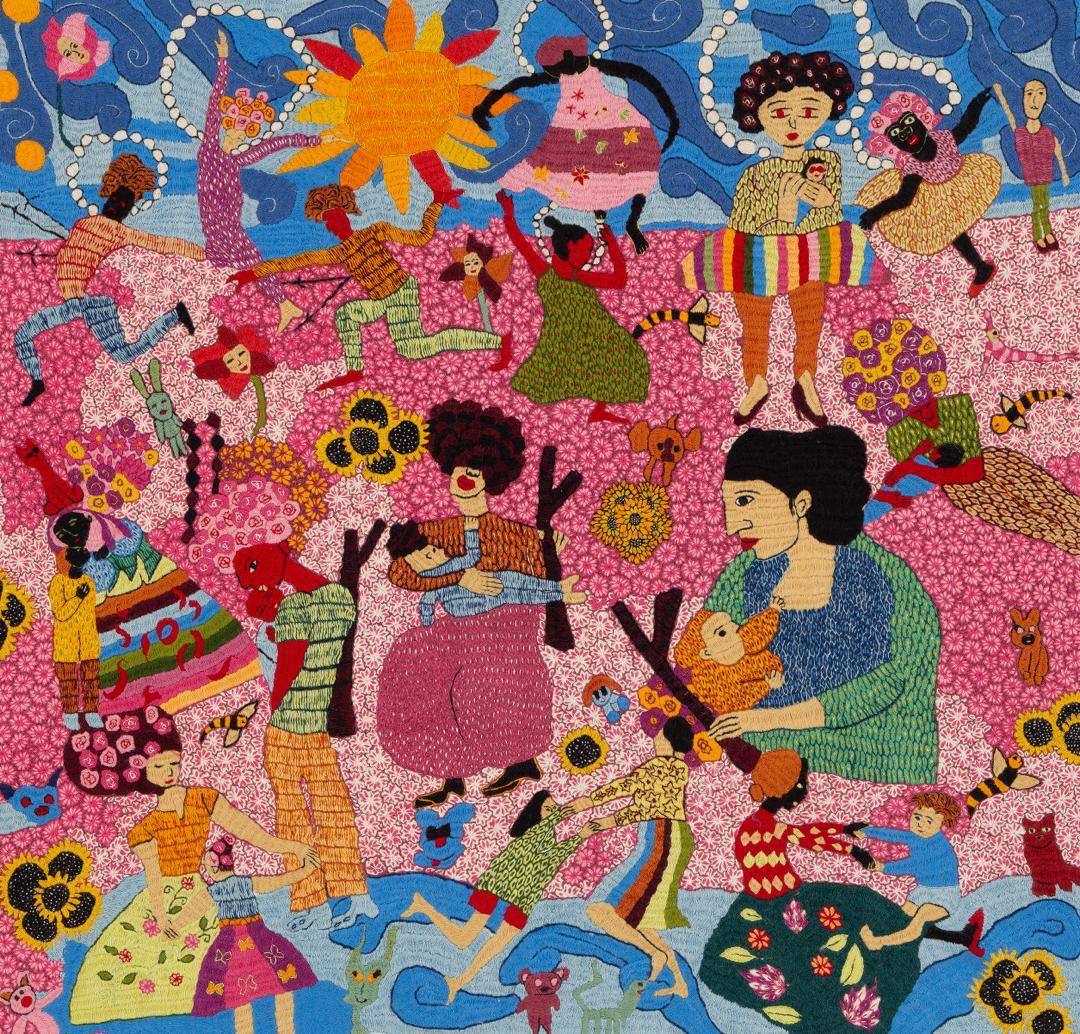 10- Sara Qashghai, Mothers and Children of the Middle East, 2023. Pateh Douzi on Fabric. [size: 182 x 67 cm (71.5 x 26.4 in). Photo courtesy of the artist.