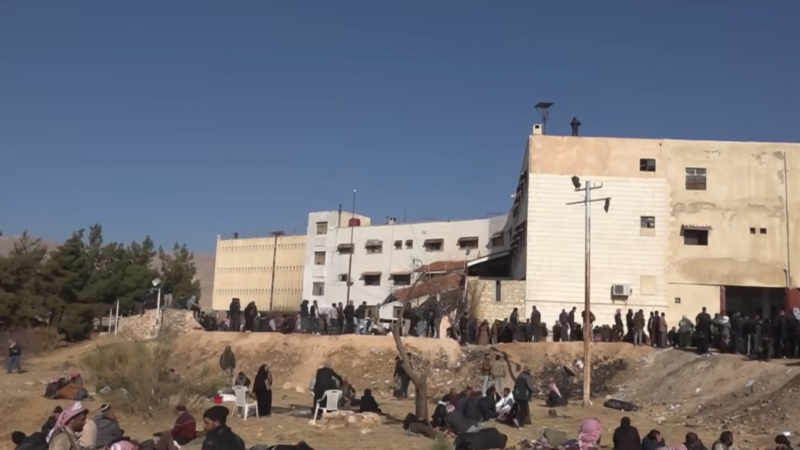 Outside Sydnaya prison, nicknamed the “human slaughterhouse”, Screenshot from video uploaded to YouTube by Al Jazeera Arabic. 